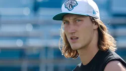 Trevor Lawrence #16 of the Jacksonville Jaguars looks on during warmups before playing the Green Bay Packers at EverBank Stadium on October 27, 2024 in Jacksonville, Florida.