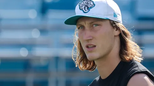 Trevor Lawrence #16 of the Jacksonville Jaguars looks on during warmups before playing the Green Bay Packers at EverBank Stadium on October 27, 2024 in Jacksonville, Florida.