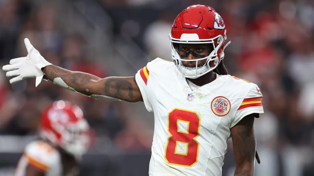 DeAndre Hopkins #8 of the Kansas City Chiefs reacts as they play the Las Vegas Raiders in the third quarter at Allegiant Stadium on October 27, 2024 in Las Vegas, Nevada.