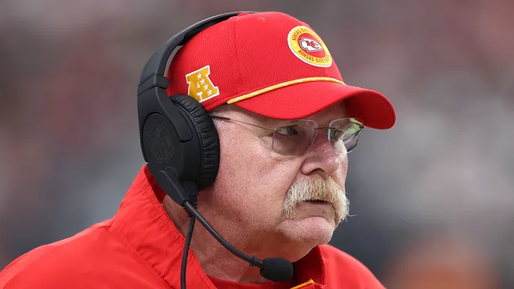 Head coach Andy Reid of the Kansas City Chiefs looks on in the first quarter of a game against the Las Vegas Raiders at Allegiant Stadium on October 27, 2024 in Las Vegas, Nevada.