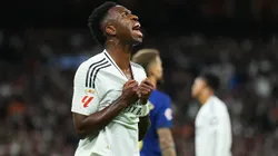 Vinicius Junior of Real Madrid reacts during the LaLiga match between Real Madrid CF and FC Barcelona at Estadio Santiago Bernabeu on October 26, 2024 in Madrid, Spain.