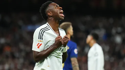 Vinicius Junior of Real Madrid reacts during the LaLiga match between Real Madrid CF and FC Barcelona at Estadio Santiago Bernabeu on October 26, 2024 in Madrid, Spain.