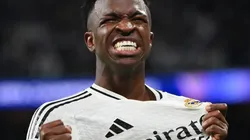 Vinicius Junior of Real Madrid celebrates scoring his team's fifth goal during the UEFA Champions League 2024/25 League Phase MD3 match between Real Madrid C.F. and Borussia Dortmund at Estadio Santiago Bernabeu on October 22, 2024 in Madrid, Spain.
