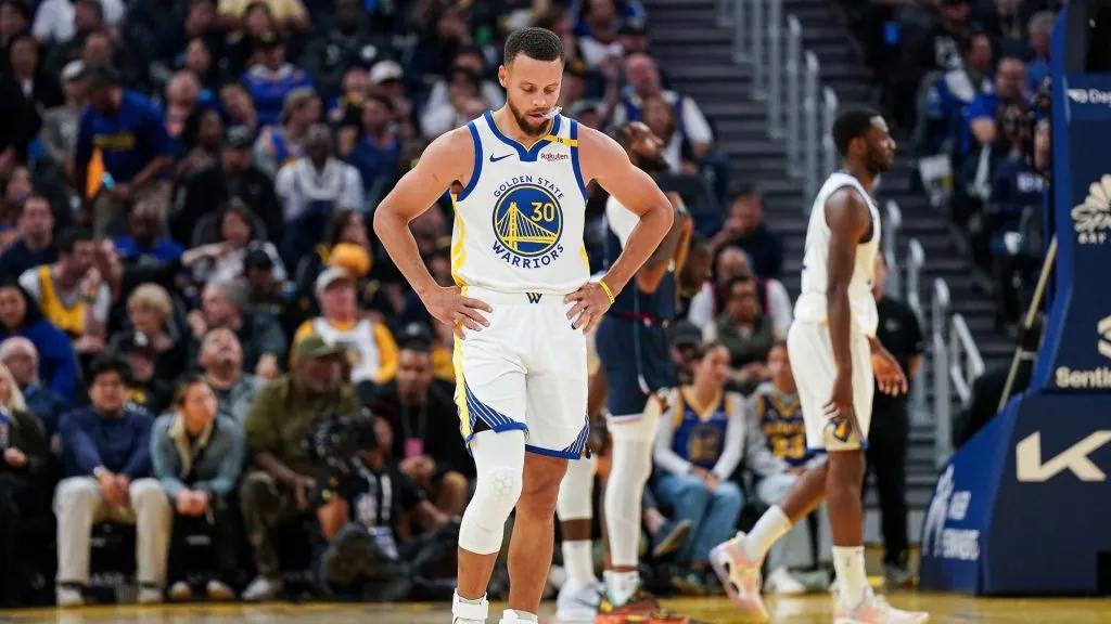 Stephen Curry #30 of the Golden State Warriors looks down between plays in the second quarter against the Los Angeles Clippers at Chase Center on October 27, 2024 in San Francisco, California.
