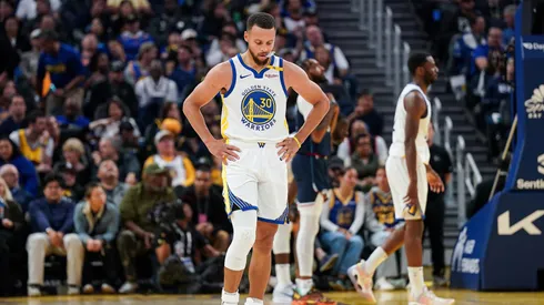 Stephen Curry #30 of the Golden State Warriors looks down between plays in the second quarter against the Los Angeles Clippers at Chase Center on October 27, 2024 in San Francisco, California. NOTE TO USER: User expressly acknowledges and agrees that, by downloading and or using this photograph, User is consenting to the terms and conditions of the Getty Images License Agreement. (Photo by Kavin Mistry/Getty Images)