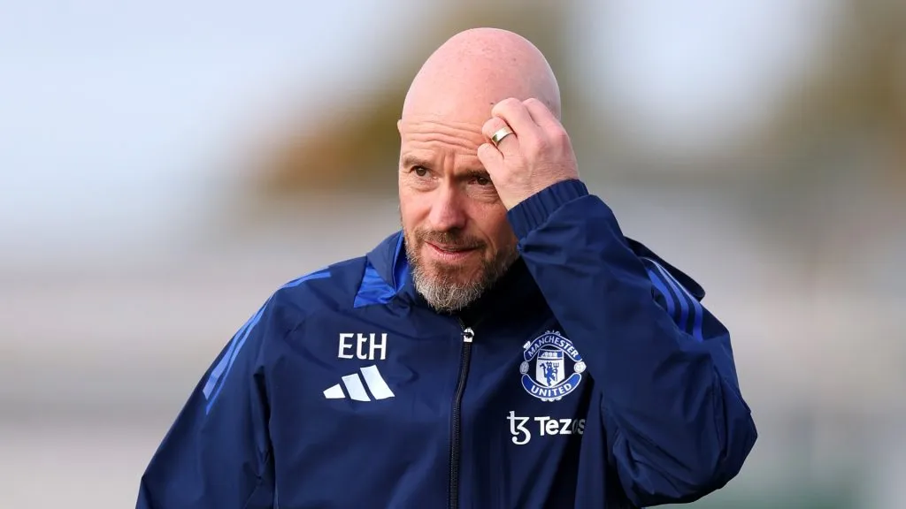 Erik ten Hag, Manager of Manchester United, looks on during the UEFA Europa League 2024/25 League Phase MD3 training and press conference at Carrington Training Ground on October 23, 2024 in Manchester, England. (Photo by Alex Livesey/Getty Images)