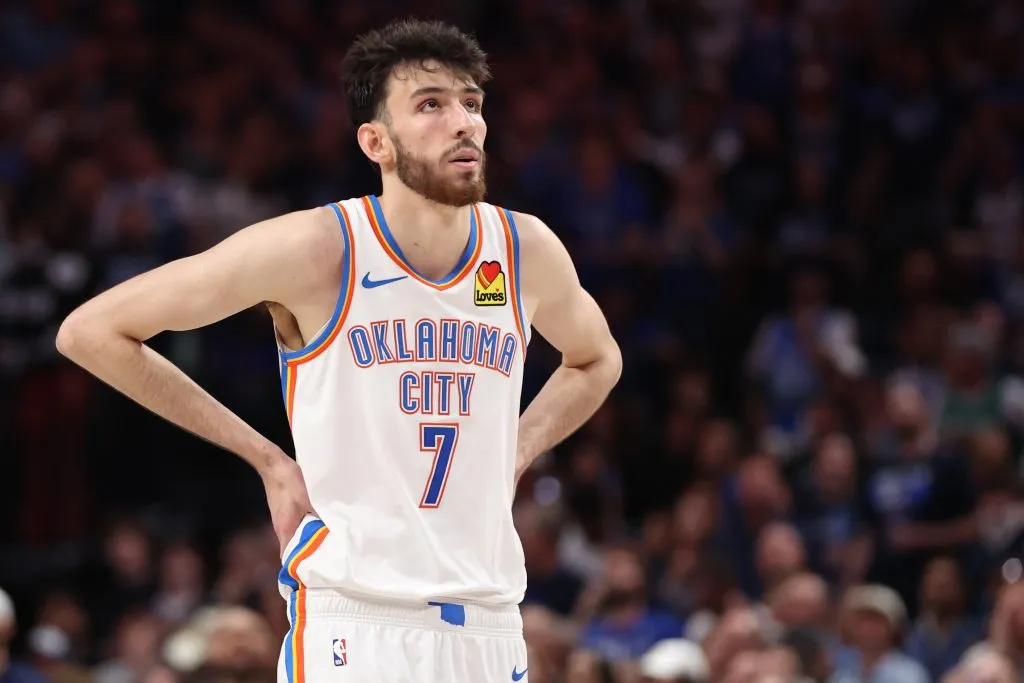 Chet Holmgren #7 of the Oklahoma City Thunder looks on during the fourth quarter against the Dallas Mavericks. Tim Heitman/Getty Images