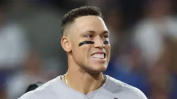 Aaron Judge #99 of the New York Yankees reacts after striking out in the fifth inning against the Los Angeles Dodgers during Game Two of the 2024 World Series at Dodger Stadium on October 26, 2024 in Los Angeles, California.