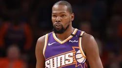 Kevin Durant #35 of the Phoenix Suns reacts after scoring against the Dallas Mavericks during the second half of the NBA game at Footprint Center on October 26, 2024 in Phoenix, Arizona. The Suns defeated the Mavericks 114-102.