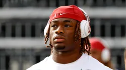 Alabama Crimson Tide quarterback Jalen Milroe (4) warming up before the NCAA Football game between the Alabama Crimson Tide and the Wisconsin Badgers at Camp Randall Stadium in Madison, WI.