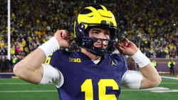 Davis Warren #16 of the Michigan Wolverines looks on after defeating the Michigan State Spartans 24-17 at Michigan Stadium on October 26, 2024 in Ann Arbor, Michigan.