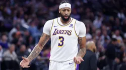 Anthony Davis #3 of the Los Angeles Lakers reacts after a play in the second quarter against the Sacramento Kings