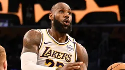 Kevin Huerter #9 of the Sacramento Kings guards LeBron James #23 of the Los Angeles Lakers in the second half at Crypto.com Arena on October 26, 2024 in Los Angeles, California.