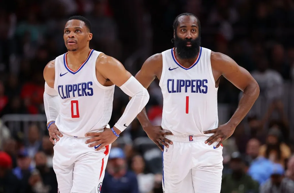 Russell Westbrook #0 and James Harden #1 of the LA Clippers stand during free throws in the fourth quarter against the Atlanta Hawks. Kevin C. Cox/Getty Images