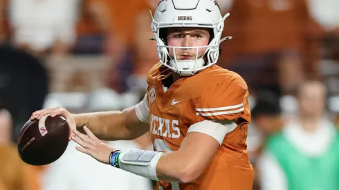 Quinn Ewers #3 of the Texas Longhorns looks to pass against the Georgia Bulldogs during the second half at Darrell K Royal-Texas Memorial Stadium on October 19, 2024 in Austin, Texas.