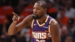 Kevin Durant #35 of the Phoenix Suns reacts after hitting a three-point shot against the Dallas Mavericks during the second half of the NBA game at Footprint Center on October 26, 2024 in Phoenix, Arizona. The Suns defeated the Mavericks 114-102.