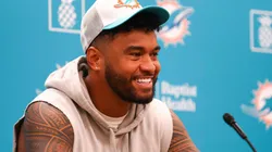 Quarterback Tua Tagovailoa of the Miami Dolphins addresses the media at Baptist Health Training Complex on October 21, 2024 in Miami Gardens, Florida.