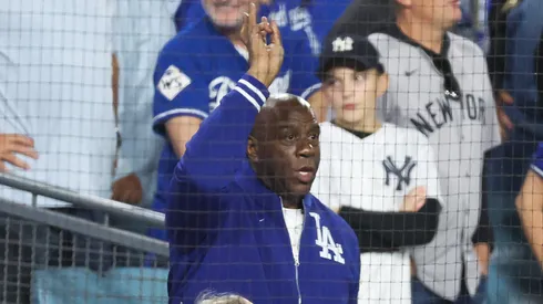 Magic Johnson looks on during Game One of the 2024 World Series between the Los Angeles Dodgers and the New York Yankees at Dodger Stadium on October 25, 2024 in Los Angeles, California.