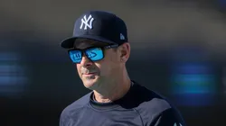 Manager Aaron Boone #17 of the New York Yankees looks on before playing against the Los Angeles Dodgers in Game Two of the 2024 World Series at Dodger Stadium on October 26, 2024 in Los Angeles, California.