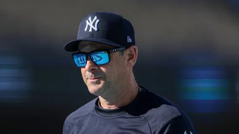 Manager Aaron Boone #17 of the New York Yankees looks on before playing against the Los Angeles Dodgers in Game Two of the 2024 World Series at Dodger Stadium on October 26, 2024 in Los Angeles, California.