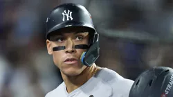 Aaron Judge #99 of the New York Yankees reacts after striking out against the Los Angeles Dodgers in the ninth inning during Game Two of the 2024 World Series at Dodger Stadium on October 26, 2024 in Los Angeles, California.