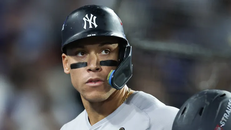 Aaron Judge #99 of the New York Yankees reacts after striking out against the Los Angeles Dodgers in the ninth inning during Game Two of the 2024 World Series at Dodger Stadium on October 26, 2024 in Los Angeles, California.