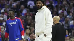 PHILADELPHIA, PENNSYLVANIA - OCTOBER 23: Joel Embiid #21 of the Philadelphia 76ers looks on during a timeout against the Milwaukee Bucks in the first half at the Wells Fargo Center on October 23, 2024 in Philadelphia, Pennsylvania. NOTE TO USER: User expressly acknowledges and agrees that, by downloading and/or using this photograph, user is consenting to the terms and conditions of the Getty Images License Agreement. (Photo by Mitchell Leff/Getty Images)