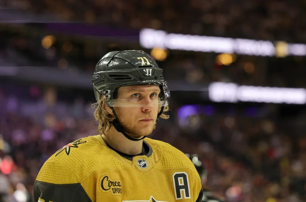 LAS VEGAS, NEVADA ā APRIL 18: William Karlsson #71 of the Vegas Golden Knights takes a break during a stop in play in the third period of a game against the Anaheim Ducks at T-Mobile Arena on April 18, 2024 in Las Vegas, Nevada. The Ducks defeated the Golden Knights 4-1. (Photo by Ethan Miller/Getty Images)