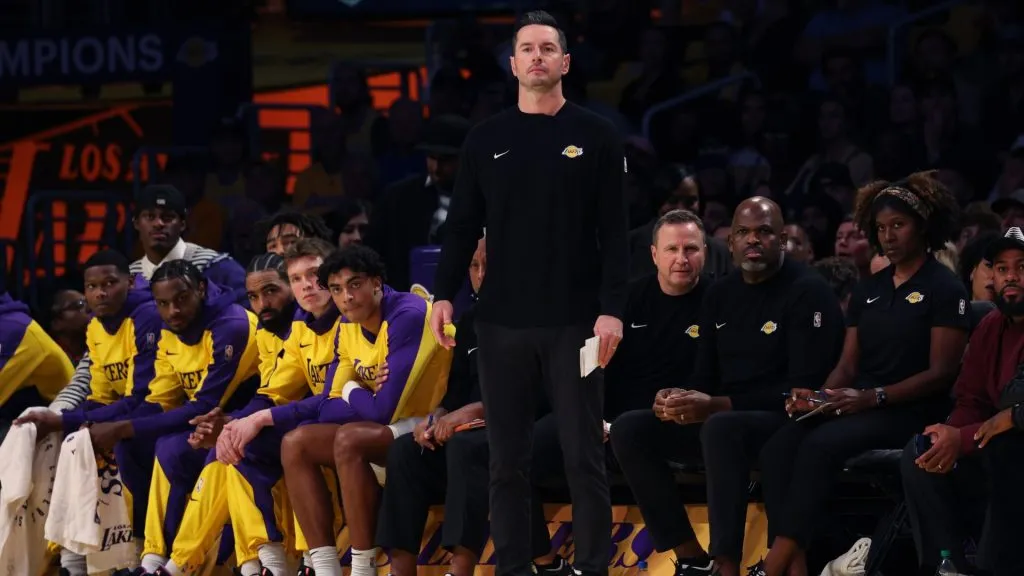 Head coach JJ Redick of the Los Angeles Lakers watches his team during the first quarter against the Minnesota Timberwolves at Crypto.com Arena on October 22, 2024 in Los Angeles, California.