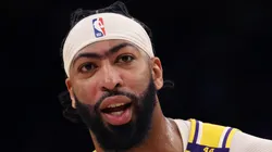 Anthony Davis #3 of the Los Angeles Lakers looks on during the first quarter against the Minnesota Timberwolves at Crypto.com Arena on October 22, 2024 in Los Angeles, California.