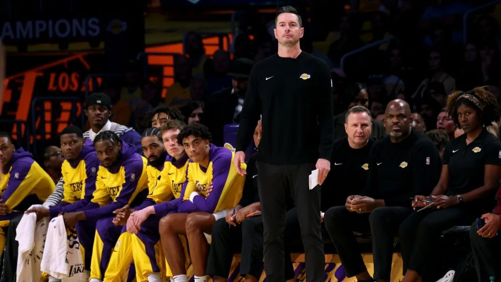 Head coach JJ Redick of the Los Angeles Lakers reacts as he watches play during a 110-103 Lakers win over the Minnesota Timberwolves in the season home opener at Crypto.com Arena on October 22, 2024 in Los Angeles, California. (Photo by Harry How/Getty Images)