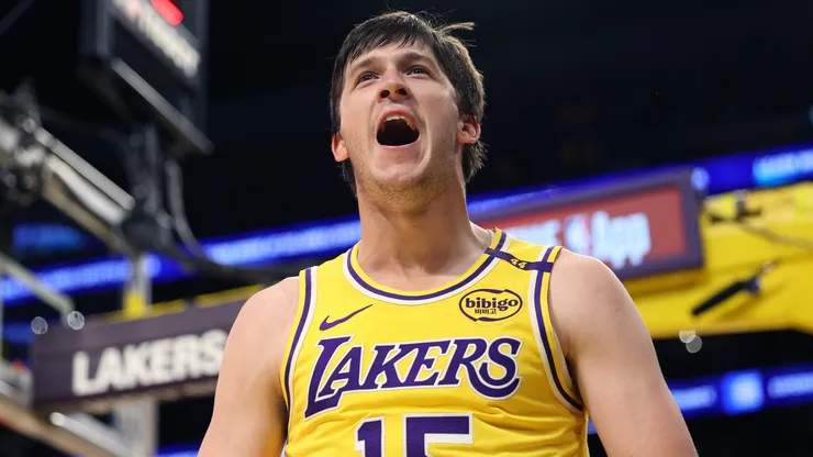 Austin Reaves #15 of the Los Angeles Lakers reacts during the second quarter against the Minnesota Timberwolves at Crypto.com Arena on October 22, 2024 in Los Angeles, California.