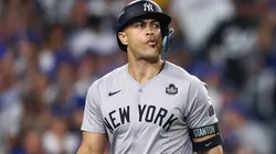 Giancarlo Stanton #27 of the New York Yankees reacts after striking out in the seventh inning against the Los Angeles Dodgers during Game One of the 2024 World Series at Dodger Stadium on October 25, 2024 in Los Angeles, California.