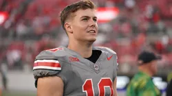 Quarterback Will Howard #18 of the Ohio State Buckeyes walks off the field after the game against the Iowa Hawkeyes at Ohio Stadium on October 05, 2024 in Columbus, Ohio.