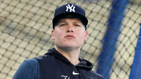 Alex Verdugo #24 of the New York Yankees looks on during batting practice during workout day ahead of Game 1 of the 2024 World Series at Dodger Stadium on October 24, 2024 in Los Angeles, California.