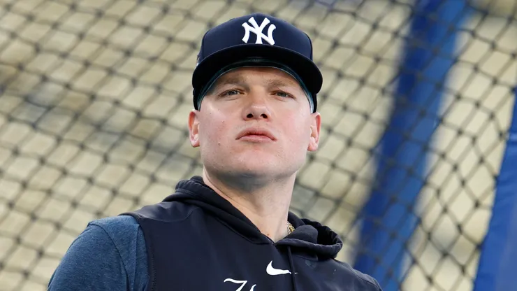 Alex Verdugo #24 of the New York Yankees looks on during batting practice during workout day ahead of Game 1 of the 2024 World Series at Dodger Stadium on October 24, 2024 in Los Angeles, California.