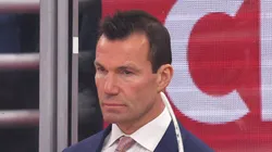 Head coach Luke Richardson of the Chicago Blackhawks looks on against the Minnesota Wild during the second period of a preseason game at the United Center on October 04, 2024 in Chicago, Illinois.