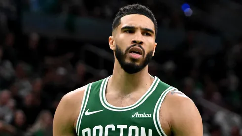 Jayson Tatum #0 of the Boston Celtics reacts during the third quarter against the New York Knicks
