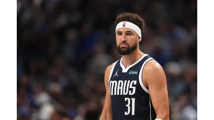 DALLAS, TEXAS - OCTOBER 24: Klay Thompson #31 of the Dallas Mavericks looks on while playing the San Antonio Spurs during the third quarter at American Airlines Center on October 24, 2024 in Dallas, Texas. NOTE TO USER: User expressly acknowledges and agrees that, by downloading and or using this photograph, User is consenting to the terms and conditions of the Getty Images License Agreement. (Photo by Sam Hodde/Getty Images)