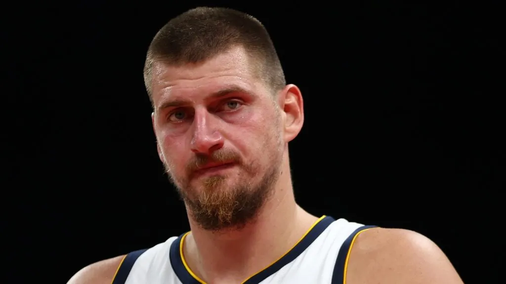 Nikola Jokic of Denver Nuggets looks on during the NBA match between Denver Nuggets and Boston Celtics at Etihad Arena on October 04, 2024 in Abu Dhabi, United Arab Emirates.