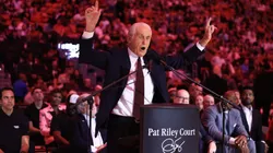 Pat Riley speaks during a ceremony celebrating his court dedication at Kaseya Center on October 23, 2024 in Miami, Florida.