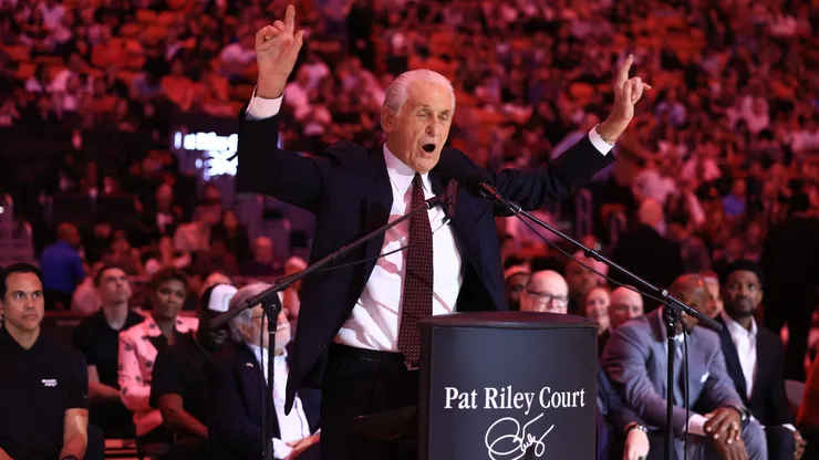 Pat Riley speaks during a ceremony celebrating his court dedication at Kaseya Center on October 23, 2024 in Miami, Florida.