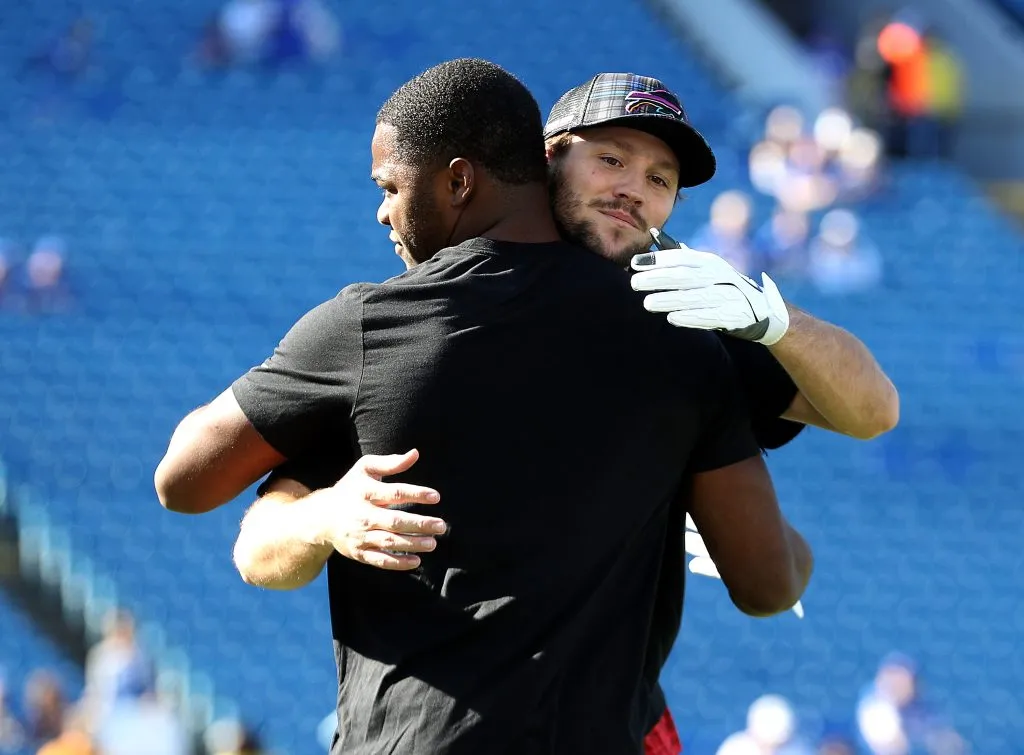 ORCHARD PARK, NEW YORK – OCTOBER 20: Amari Cooper #18 and Josh Allen #17 of the Buffalo Bills embrace prior to the game against the Tennessee Titans at Highmark Stadium on October 20, 2024 in Orchard Park, New York. (Photo by Bryan M. Bennett/Getty Images)
