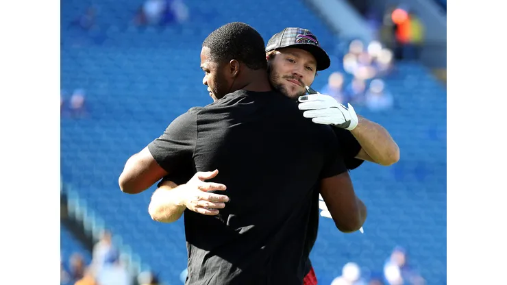 Amari Cooper #18 and Josh Allen #17 of the Buffalo Bills embrace prior to the game against the Tennessee Titans at Highmark Stadium on October 20, 2024 in Orchard Park, New York.