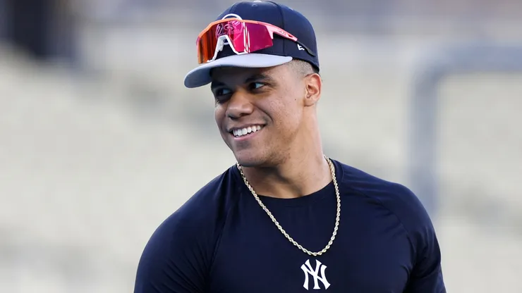 Juan Soto #22 of the New York Yankees reacts during batting practice on workout day ahead of Game 1 of the 2024 World Series at Dodger Stadium on October 24, 2024 in Los Angeles, California.