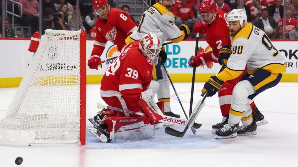 Cam Talbot #39 of the Detroit Red Wings makes a first period save on a shot by Ryan O’Reilly #90 of the Nashville Predators at Little Caesars Arena on October 12, 2024 in Detroit, Michigan. (Photo by Gregory Shamus/Getty Images)