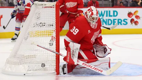 Cam Talbot #39 of the Detroit Red Wings lets in a first period goal while playing the New York Rangers at Little Caesars Arena on October 17, 2024 in Detroit, Michigan. (Photo by Gregory Shamus/Getty Images)