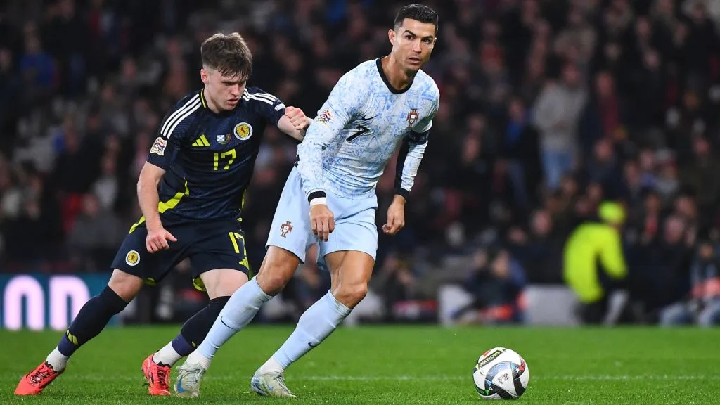 Cristiano Ronaldo of Portugal during gameplay at the UEFA Nations League 2024/25 League A Group A1 match between Scotland and Portugal at on October 15, 2024 in Glasgow, Scotland.