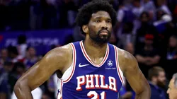 Joel Embiid #21 of the Philadelphia 76ers reacts after his team's 118-115 loss against the New York Knicks on May 02, 2024.