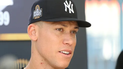 Aaron Judge #99 of the New York Yankees speaks to media during workout day ahead of Game 1 of the 2024 World Series at Dodger Stadium on October 24, 2024 in Los Angeles, California.